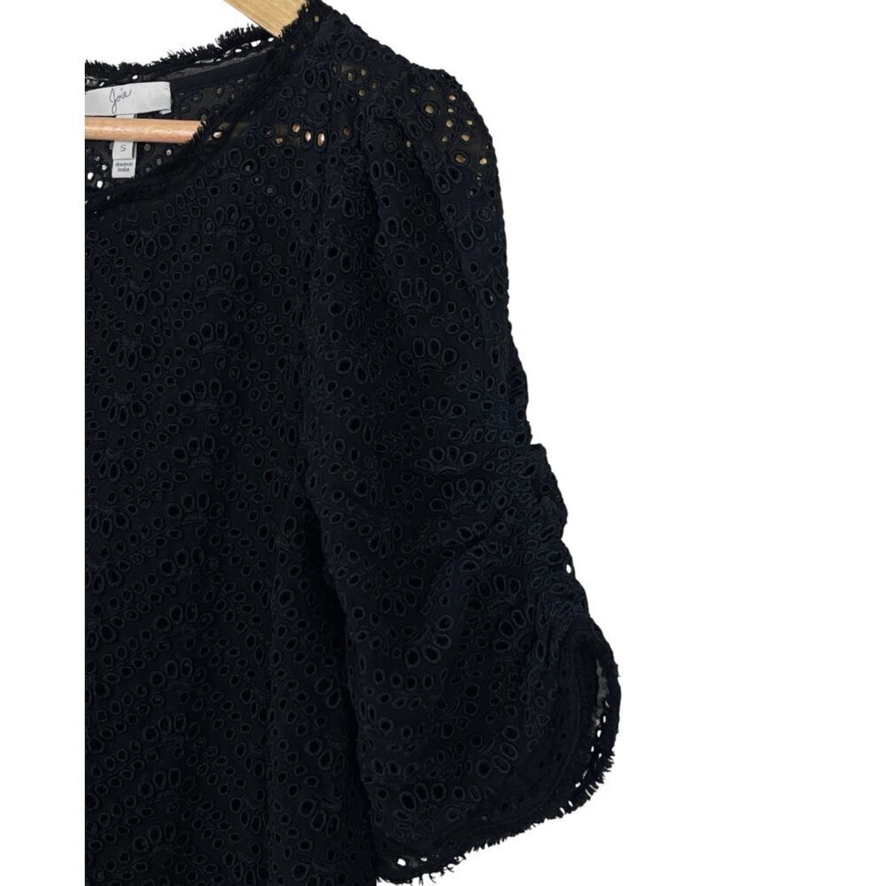 JOIE FANNY B BLACK EYELET PUFF SLEEVE SILK TOP - Picture 6 of 11